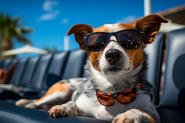 Cute chihuahua dog sunglasses and orange sunglasses with sunglasses relaxing in pool at swimming poolgenerative ai