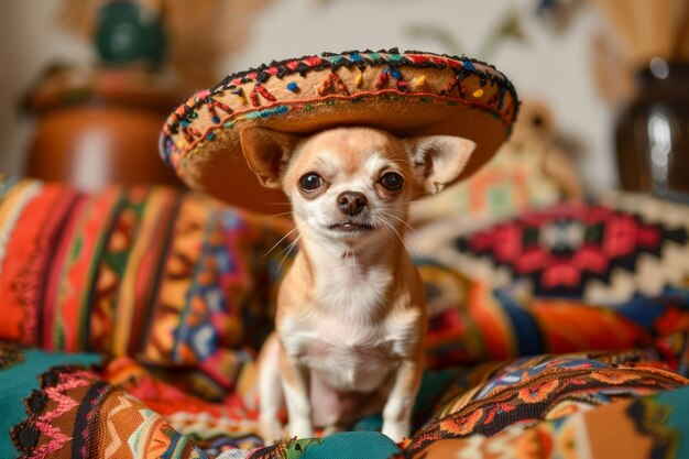 Фото Милая собака чихуахуа в красочной шляпе и сидит на ярком мексиканском одеяле