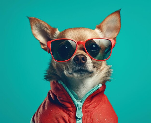 Cute Chihuahua Dog Wearing Glasses While Wearing a Red Jacket extreme closeup Generative AI