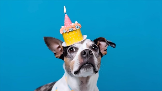 Cute chihuahua dog with birthday hat on blue background
