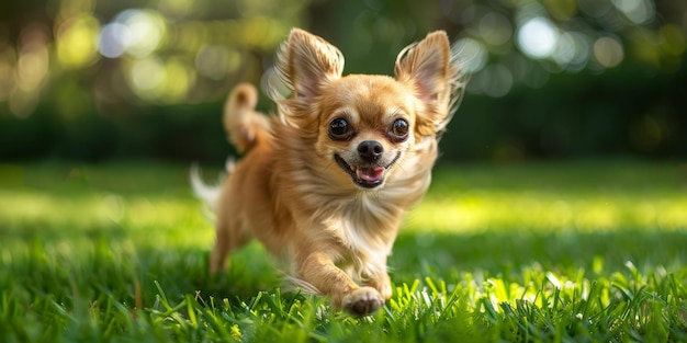 A cute chihuahua is running on the grass