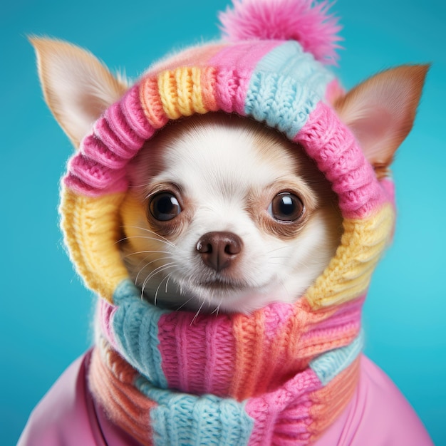 Cute Chihuahua portrait in colorful knitted hat and scarf