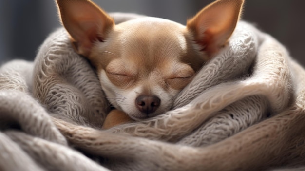 Photo cute chihuahua puppy sleeping on a soft plaid generative ai