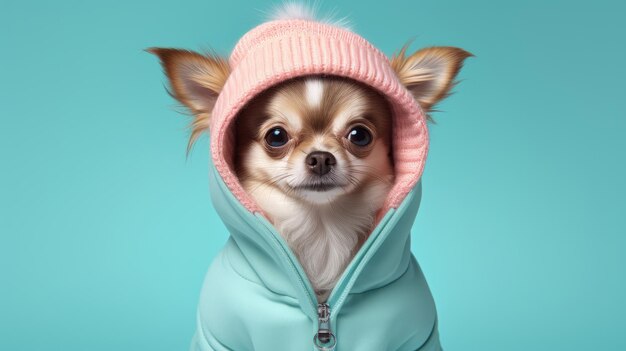 Cute Chihuahua wearing fashionable winter clothes studio shot on solid background