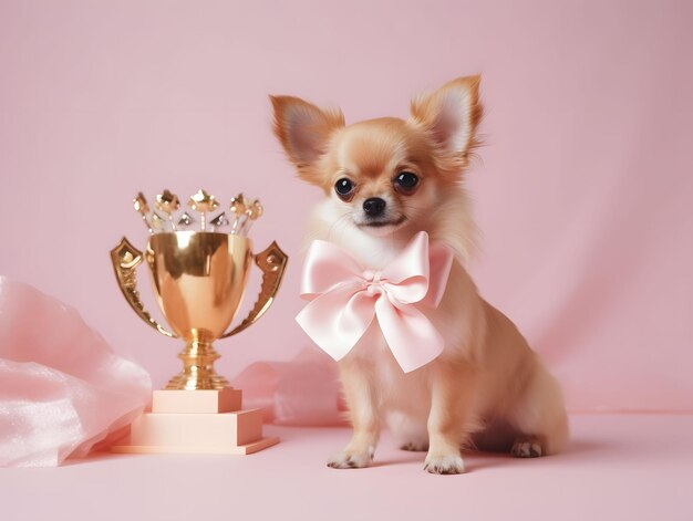 Cute chihuahua wearing satin bow tie sitting by golden trophy on light pink background Created with Generative AI technology