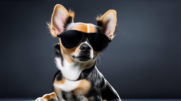 A cute chihuahua wearing sunglasses on black background Generate Ai