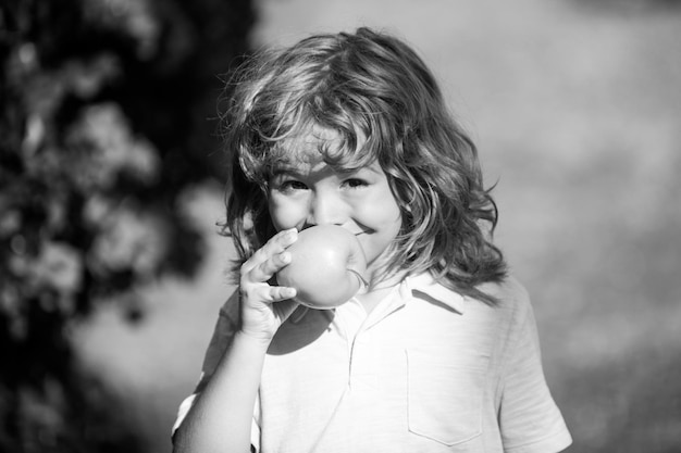 Cute child boy eating an apple outdoors