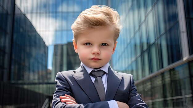 귀여운 어린이 CEO가 현대적인 직장에서 포즈를 취하고 있습니다.