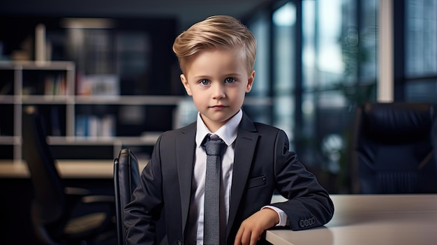 A cute child CEO poses at a contemporary workplace