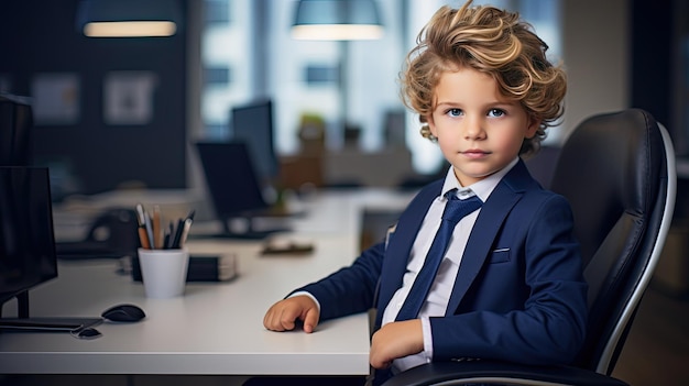 A cute child CEO poses at a contemporary workplace