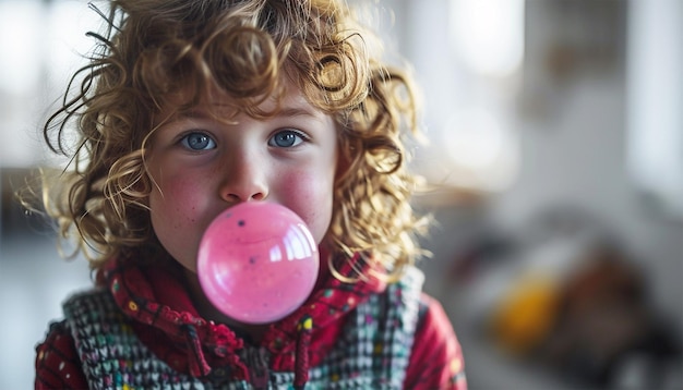 Photo cute child chewing gum blowing big pink bubble child having fun with bubble gum childhood