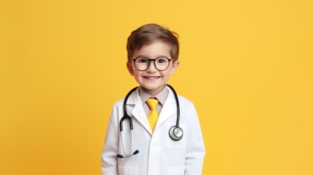 Cute child in doctor coat with stethoscope on color background space for text