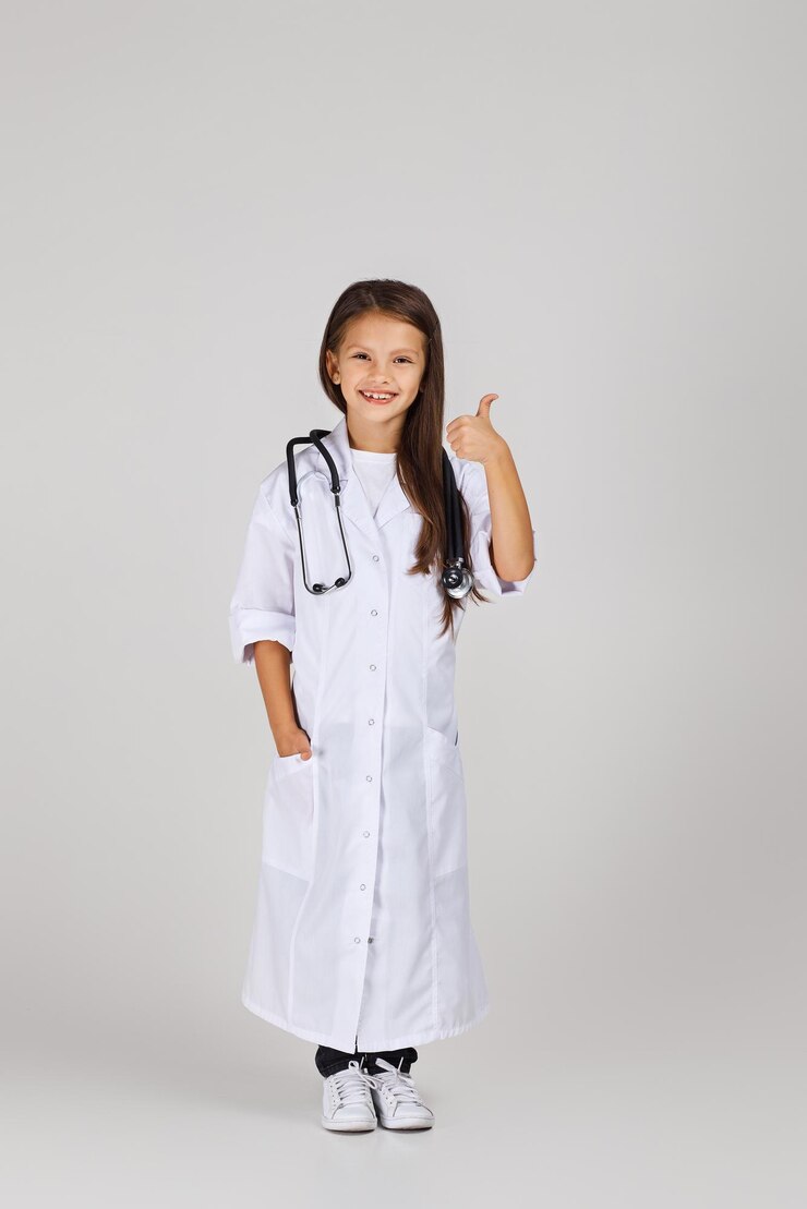 Cute child in doctor coat with stethoscope