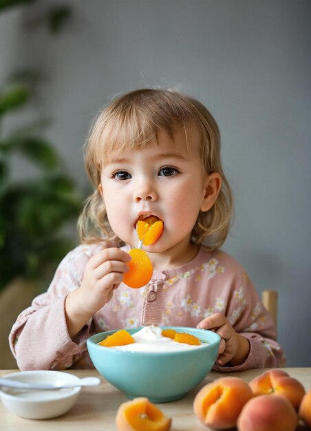 A cute child eats yogurt with apricot