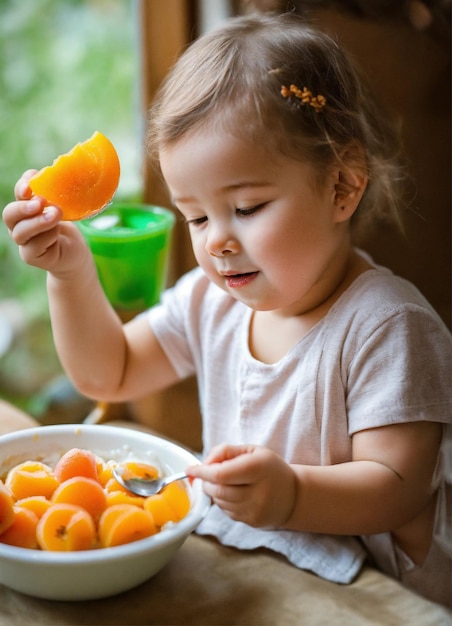 A cute child eats yogurt with apricot