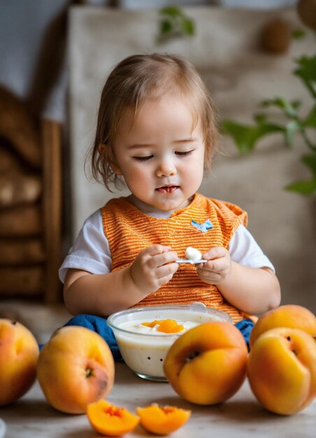 A cute child eats yogurt with apricot