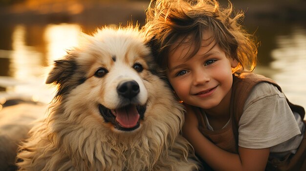 愛と無邪気さを表現する小さな犬を抱きしめるかわいい子供