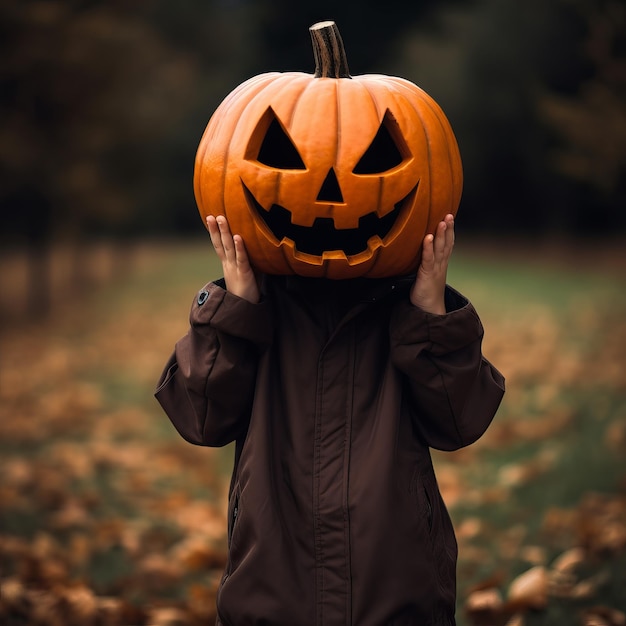 Photo cute child holding a halloween pumpkin over the head jack o lantern on halloween