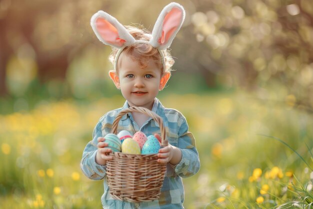 Cute Child Holds Basket with Easter eggs Painted Eggs in Cute Little Boy Hands Wearing Bunny Ears