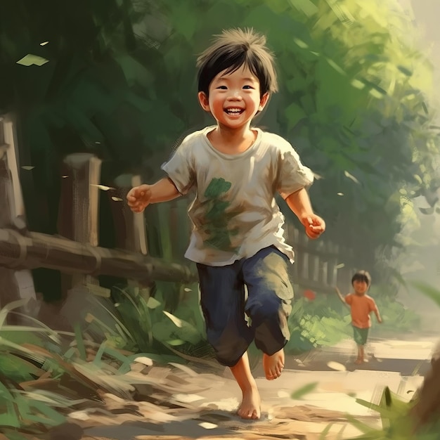 A cute child is running in the forest illustration
