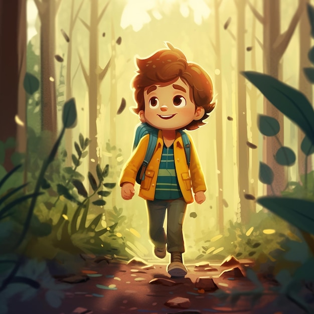 A cute child is running in the forest illustration