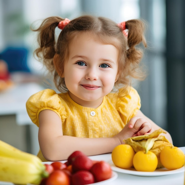 Фото Милая девочка ест здоровую пищу в детском саду