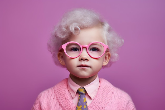 A cute child in pink glasses and a tie dressed in a sweater