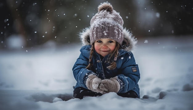 雪に覆われた森で遊ぶかわいい子