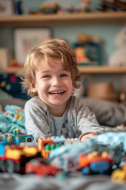Cute child playing with toys enjoying and laughing in his room while he laughs