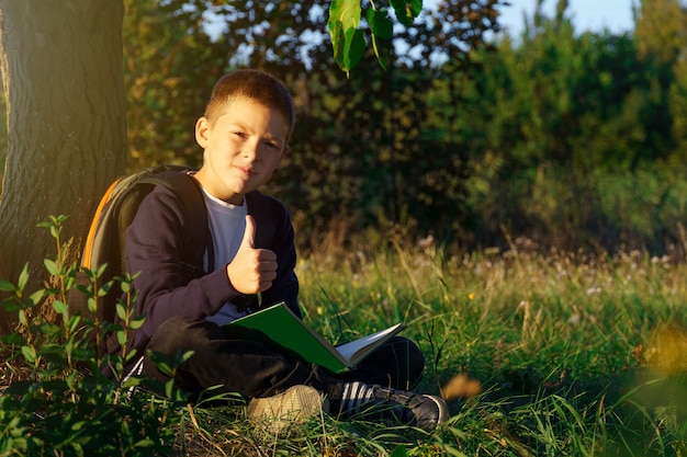 cute child reads a book under a tree. boy shows thumb up. A schoolboy is studying lessons in the fresh air. banner