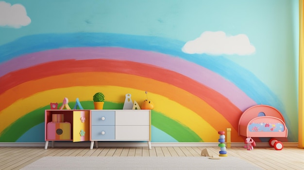 Cute child room interior with beautiful rainbow painted on wall