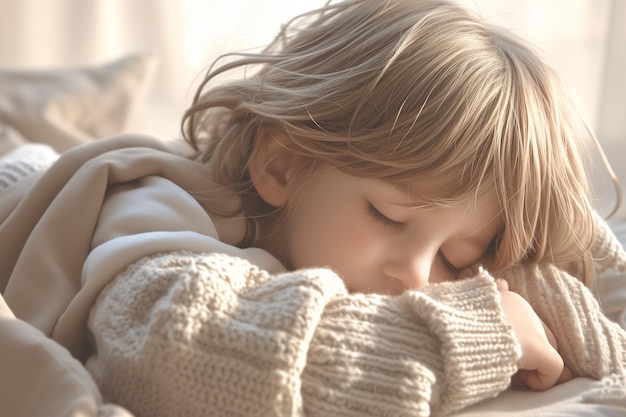 寝室のベッドで眠っている可愛い子供