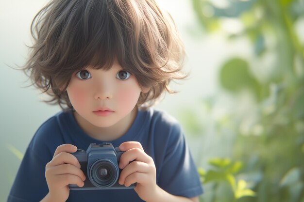 Photo a cute child using camera to take a photo