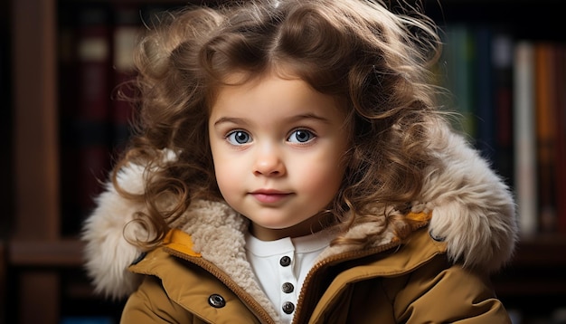 A cute child with curly hair smiling looking at camera generated by artificial intelligence
