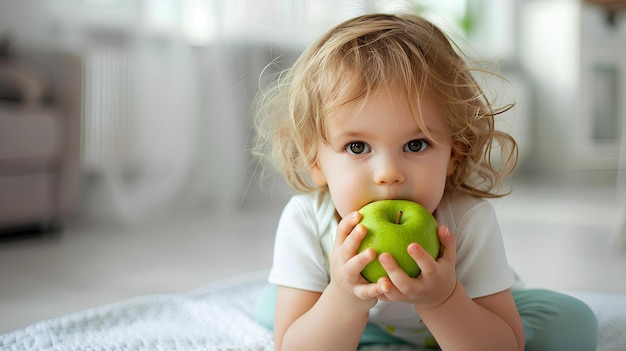 cute child with green apple in hand in white room