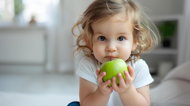 cute child with green apple in hand in white room