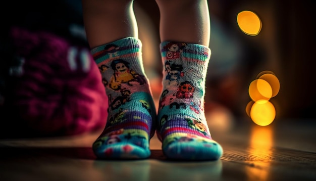 Cute child wool sock warms up chilly winter night indoors generated by AI