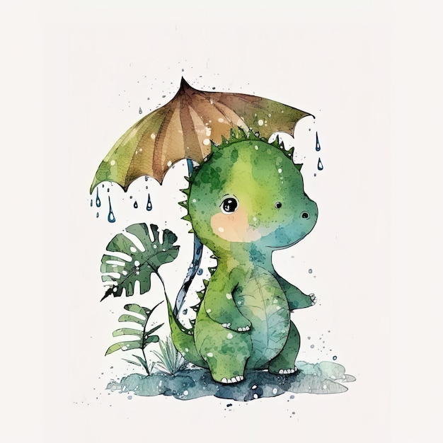 Cute Childish Watercolor Dinosaur Illustration AI GenerativexA