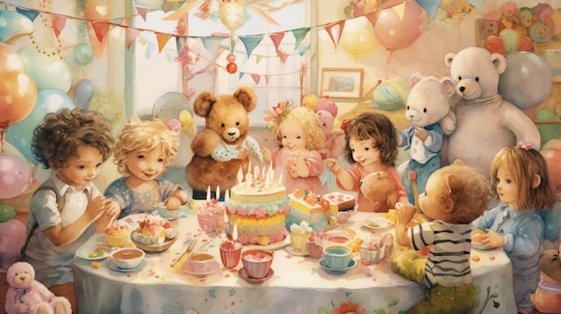 Cute children birthday party with cake teddy bears and toys