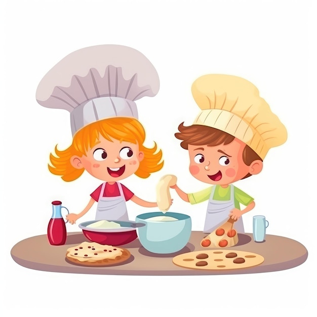 Photo cute children cooking in the kitchen happy little chef kids generative ai