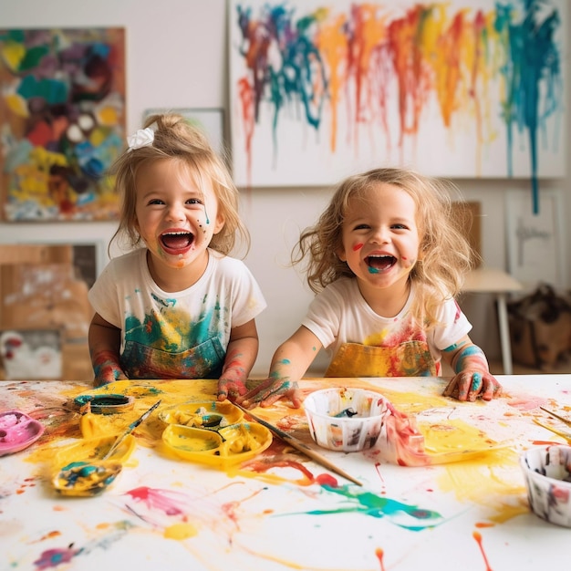 Cute children laughing together and having fun with paints Painted in skin hands Child portrait