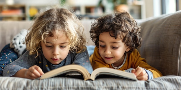 Cute children reading a book and smiling while sitting on a sofa in the room ai generated