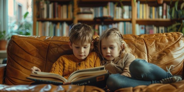 Cute children reading a book and smiling while sitting on a sofa in the room ai generated