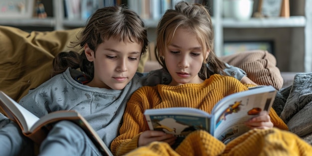 Cute children reading a book and smiling while sitting on a sofa in the room ai generated