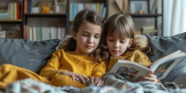 Photo cute children reading a book and smiling while sitting on a sofa in the room ai generated