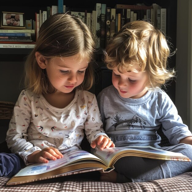 Cute children reading a book and smiling while sitting on a sofa in the room ai generated