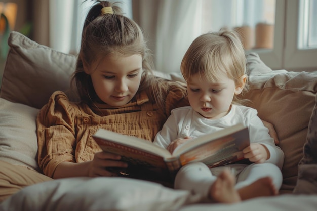 Cute children reading a book and smiling while sitting on a sofa in the room ai generated