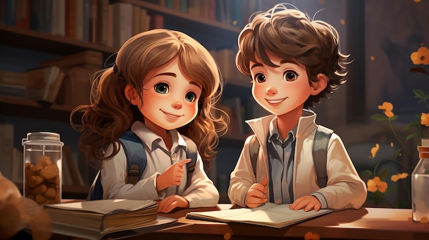 귀여운 어린이 만화 캐릭터 집에서 놀고 있는 행복한 소년과 소녀의 일러스트레이션