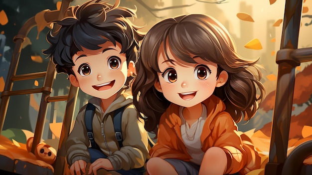 Cute children's cartoon characters Illustration of a happy boy and girl playing outdoors AI generated