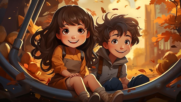 Cute children's cartoon characters illustration of a happy boy and girl playing outdoors ai generated